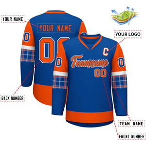 Custom Royal Orange-Orange Personalized Raglan Sleeves V-Neck Hockey Jersey