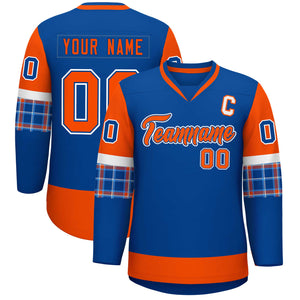 Custom Royal Orange-Orange Personalized Raglan Sleeves V-Neck Hockey Jersey