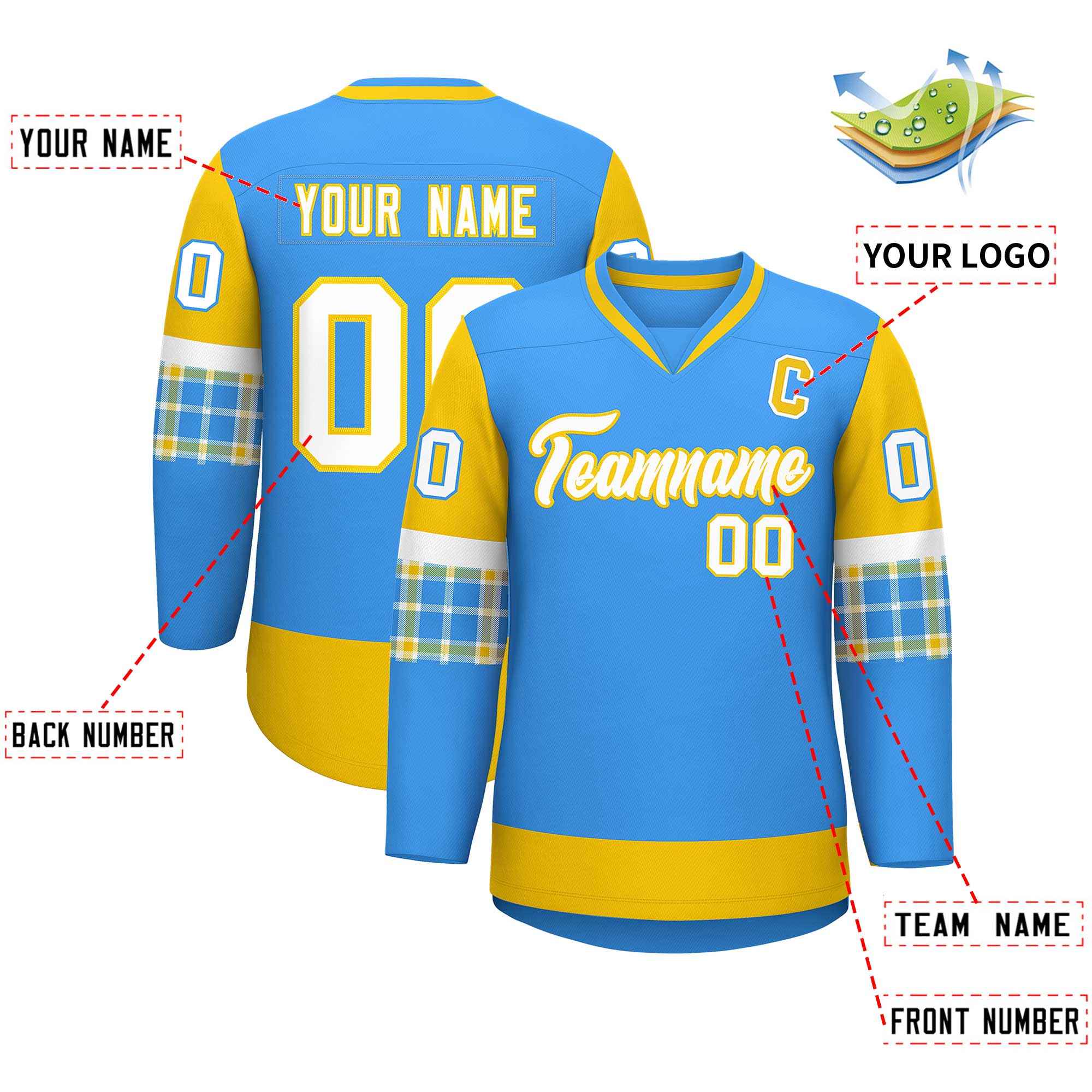 Custom Powder Blue Gold-White Personalized Raglan Sleeves V-Neck Hockey Jersey