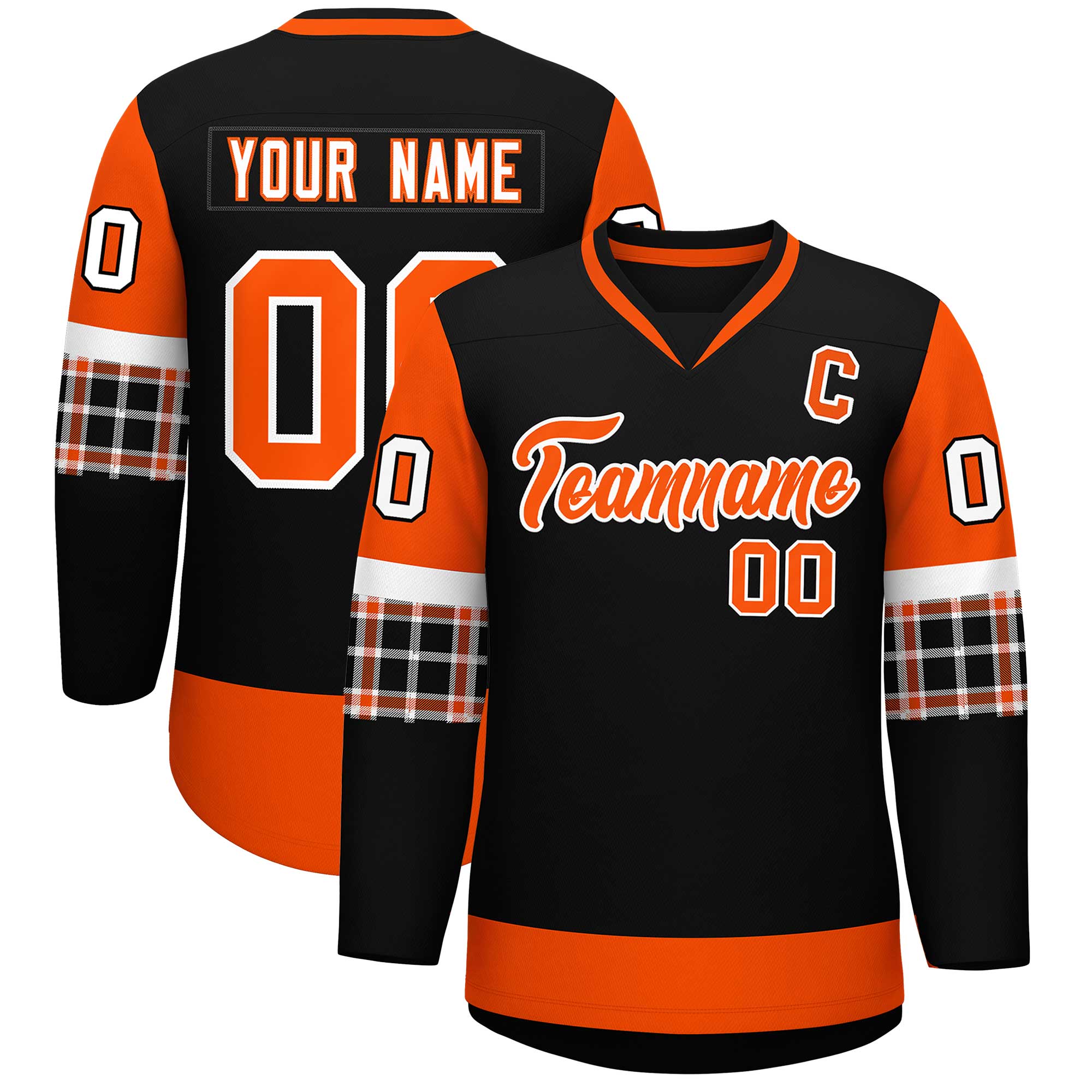 Custom Black Orange-Orange Personalized Raglan Sleeves V-Neck Hockey Jersey