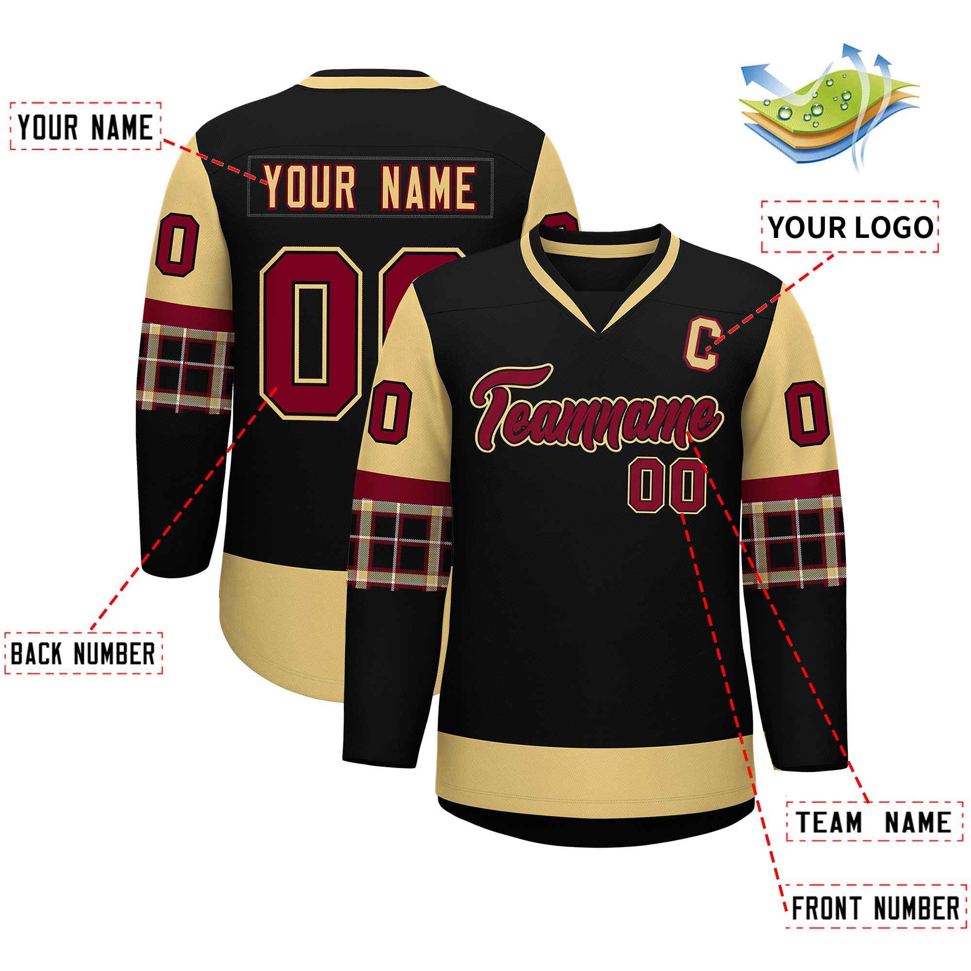 Custom Black Khaki-Crimson Personalized Raglan Sleeves V-Neck Hockey Jersey