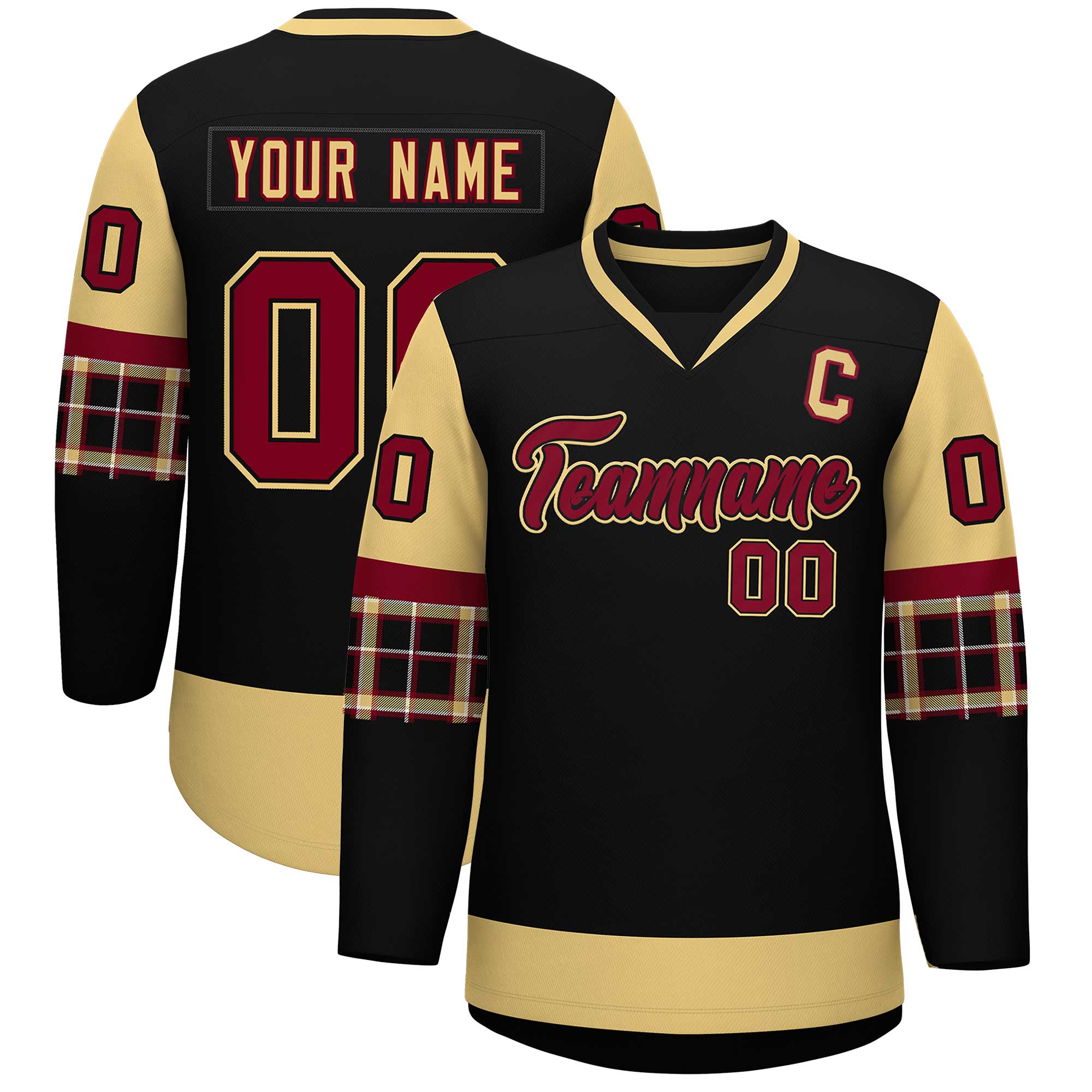 Custom Black Khaki-Crimson Personalized Raglan Sleeves V-Neck Hockey Jersey