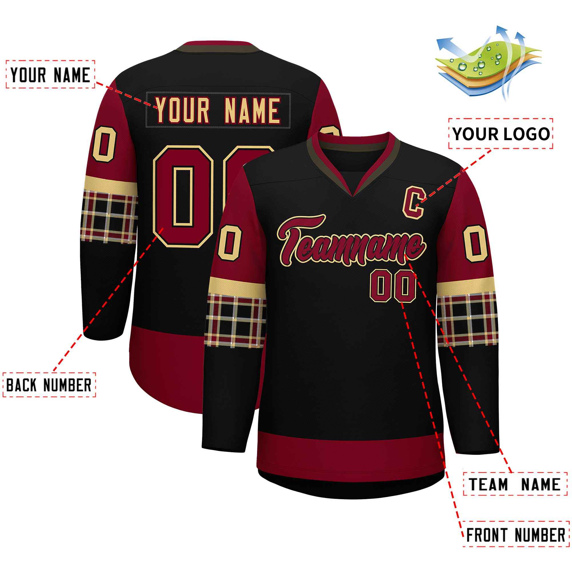 Custom Black Crimson-Crimson Personalized Raglan Sleeves V-Neck Hockey Jersey