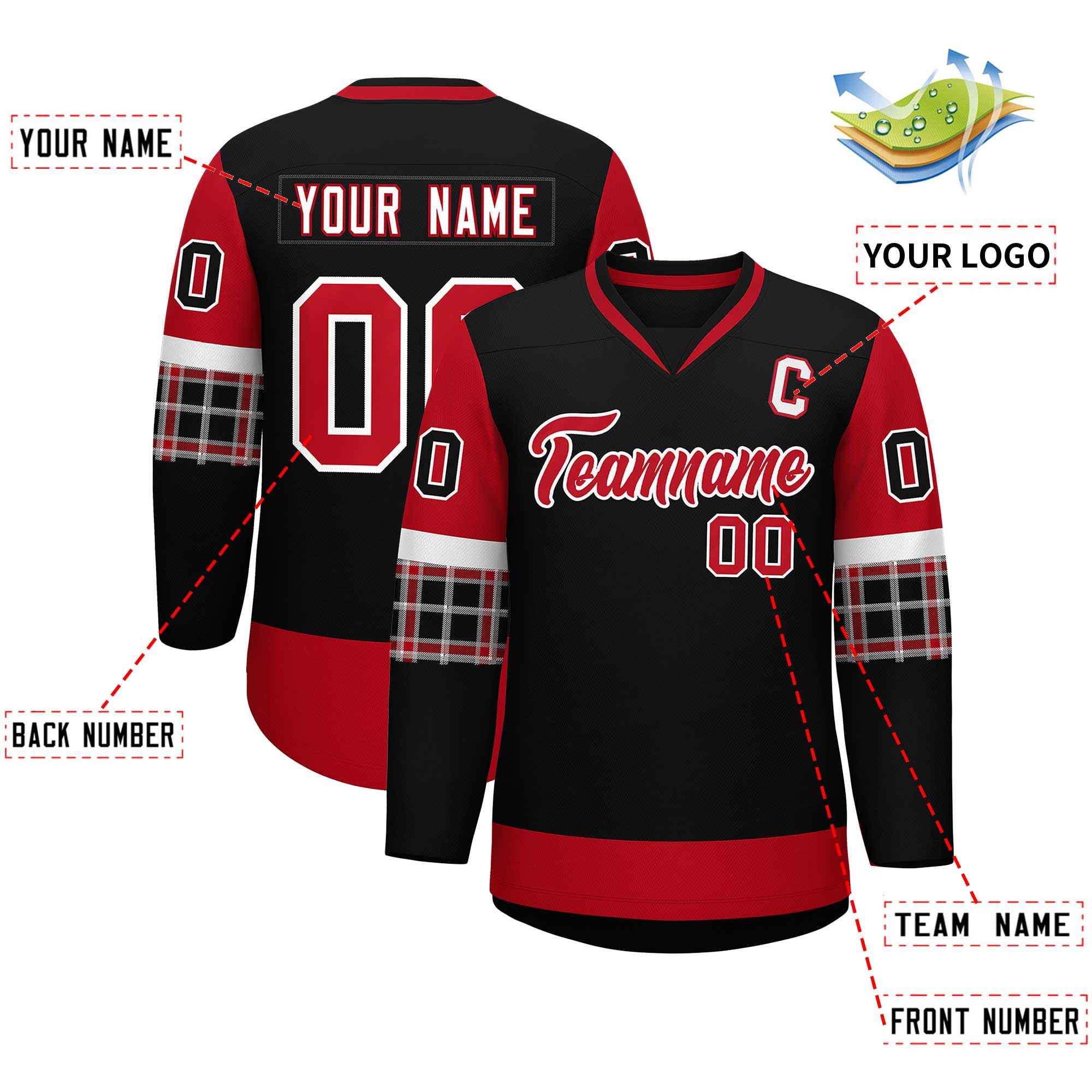 Custom Black Red-Red Personalized Raglan Sleeves V-Neck Hockey Jersey