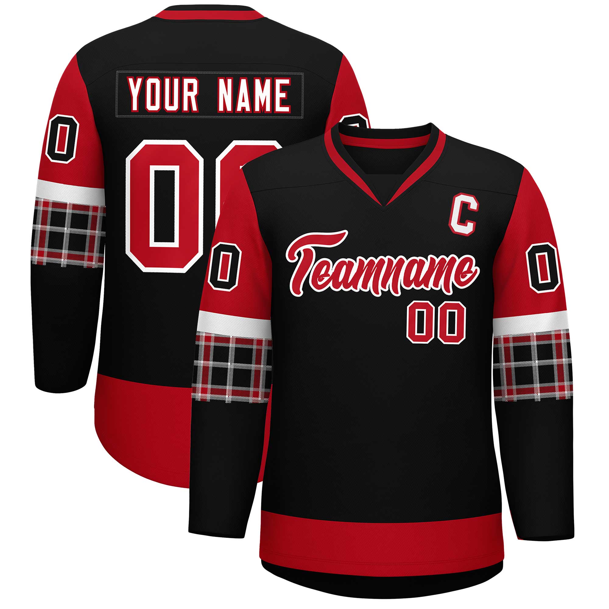 Custom Black Red-Red Personalized Raglan Sleeves V-Neck Hockey Jersey