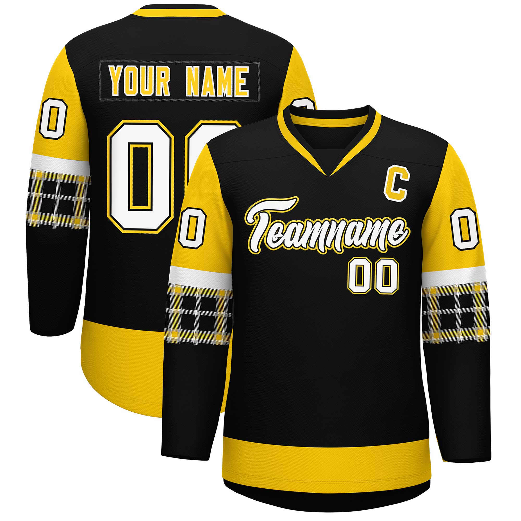 Custom Black Gold-White Personalized Raglan Sleeves V-Neck Hockey Jersey