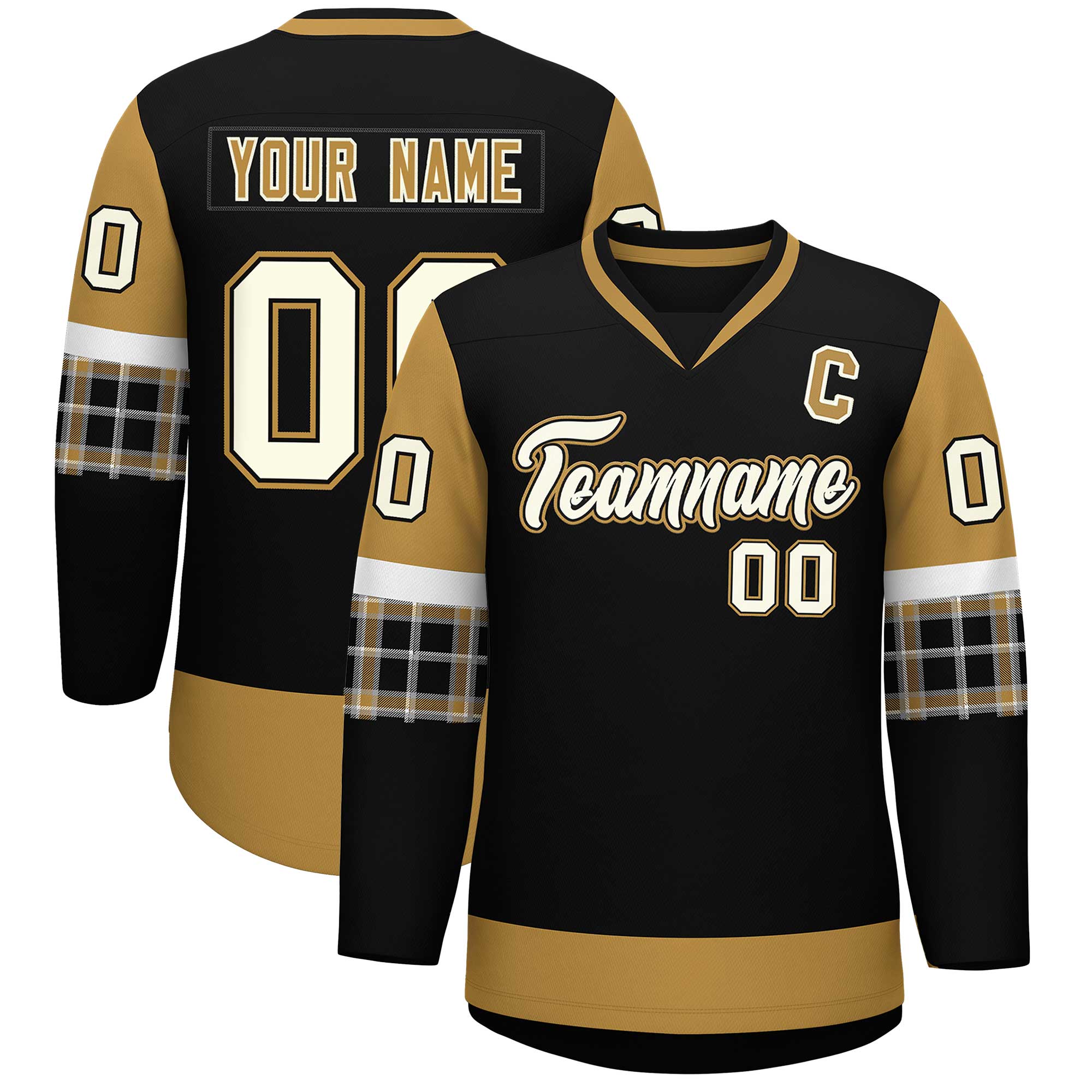 Custom Black Old Gold-White Personalized Raglan Sleeves V-Neck Hockey Jersey