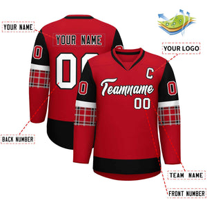 Custom Red Black-White Personalized Raglan Sleeves V-Neck Hockey Jersey