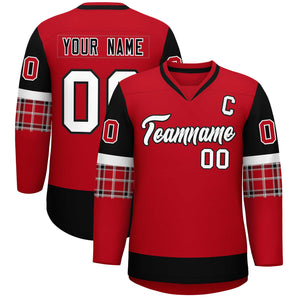 Custom Red Black-White Personalized Raglan Sleeves V-Neck Hockey Jersey