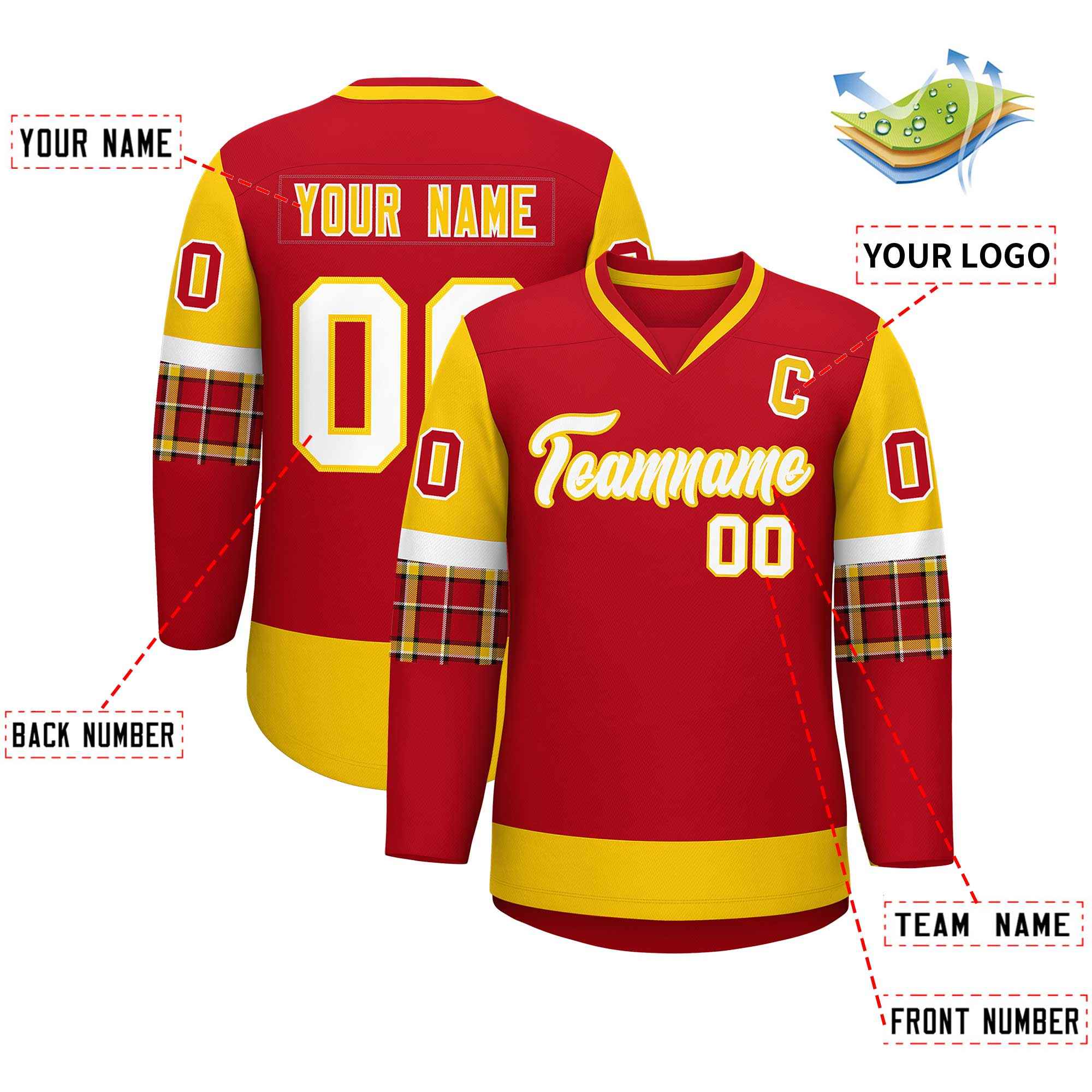 Custom Red Gold-White Personalized Raglan Sleeves V-Neck Hockey Jersey