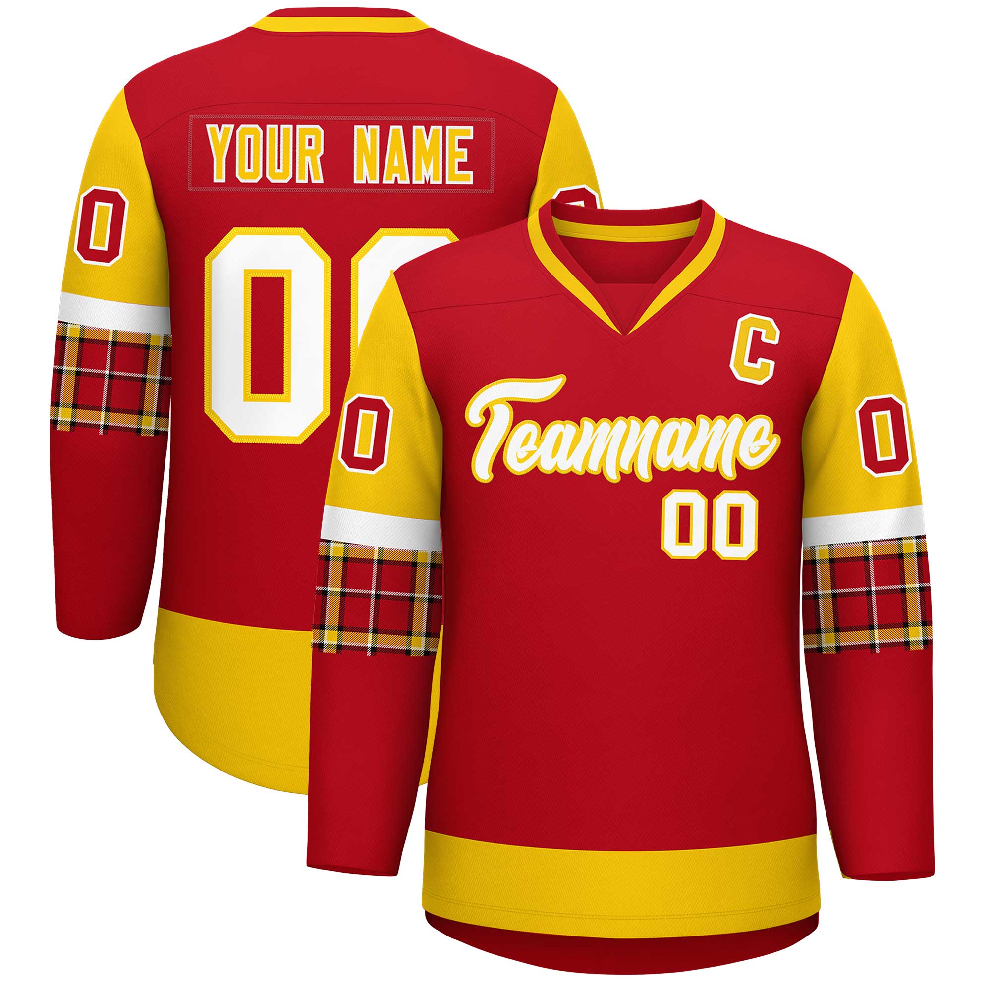 Custom Red Gold-White Personalized Raglan Sleeves V-Neck Hockey Jersey