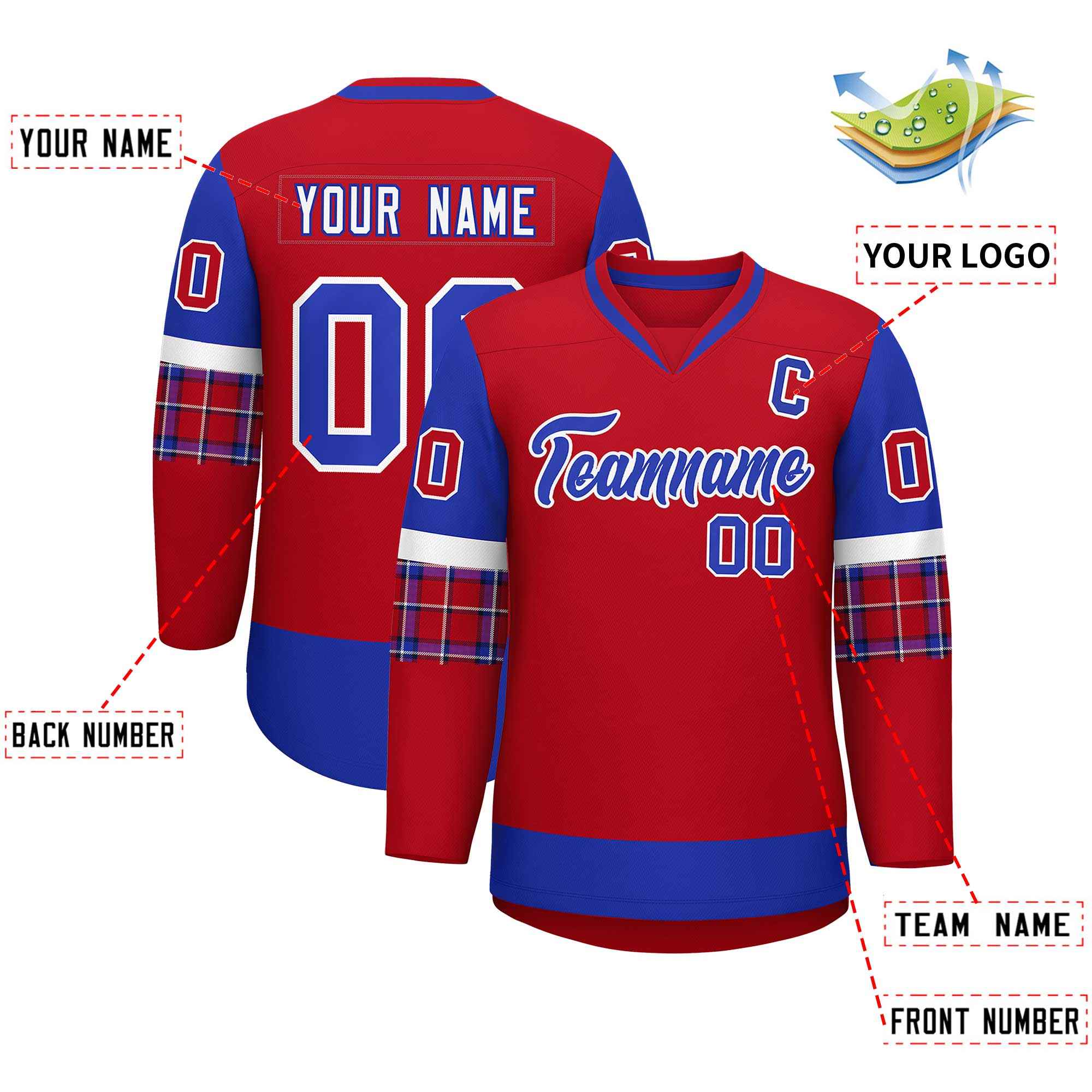 Custom Red Royal-Royal Personalized Raglan Sleeves V-Neck Hockey Jersey