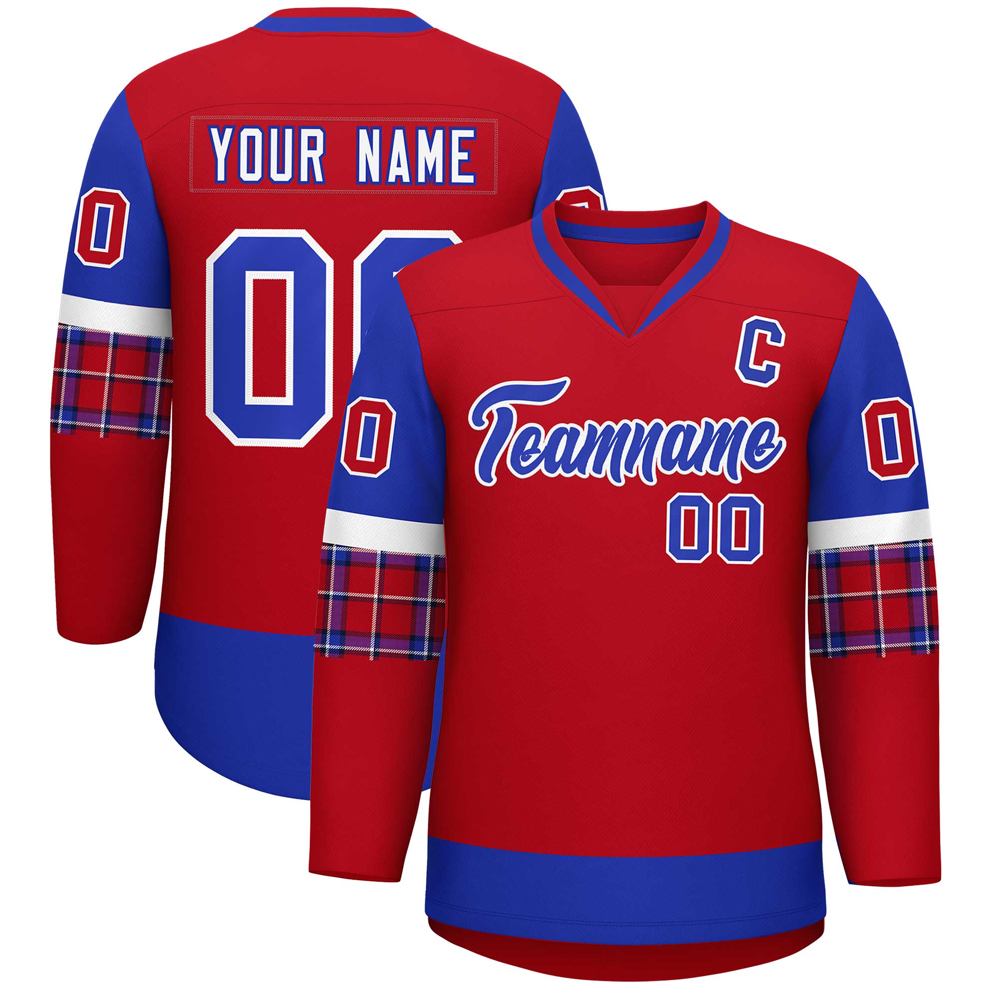 Custom Red Royal-Royal Personalized Raglan Sleeves V-Neck Hockey Jersey