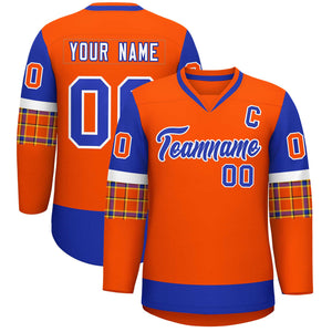 Custom Orange Royal-Royal Personalized Raglan Sleeves V-Neck Hockey Jersey