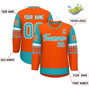 Custom Orange Aqua-Aqua Personalized Raglan Sleeves V-Neck Hockey Jersey