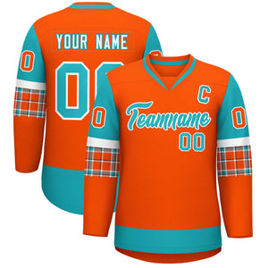 Custom Orange Aqua-Aqua Personalized Raglan Sleeves V-Neck Hockey Jersey