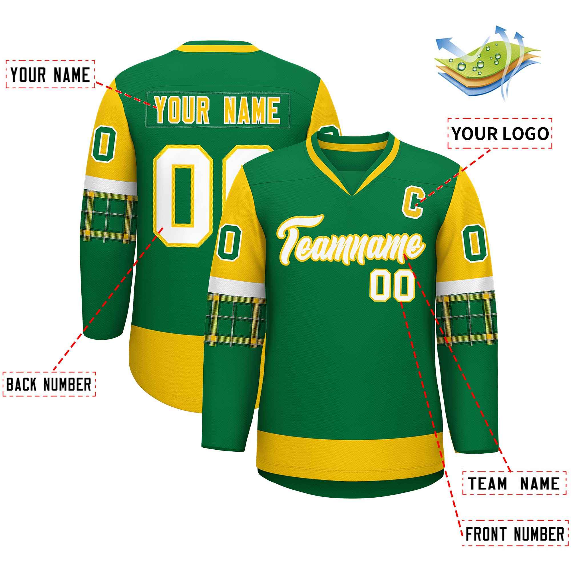 Custom Kelly Green Gold-White Personalized Raglan Sleeves V-Neck Hockey Jersey