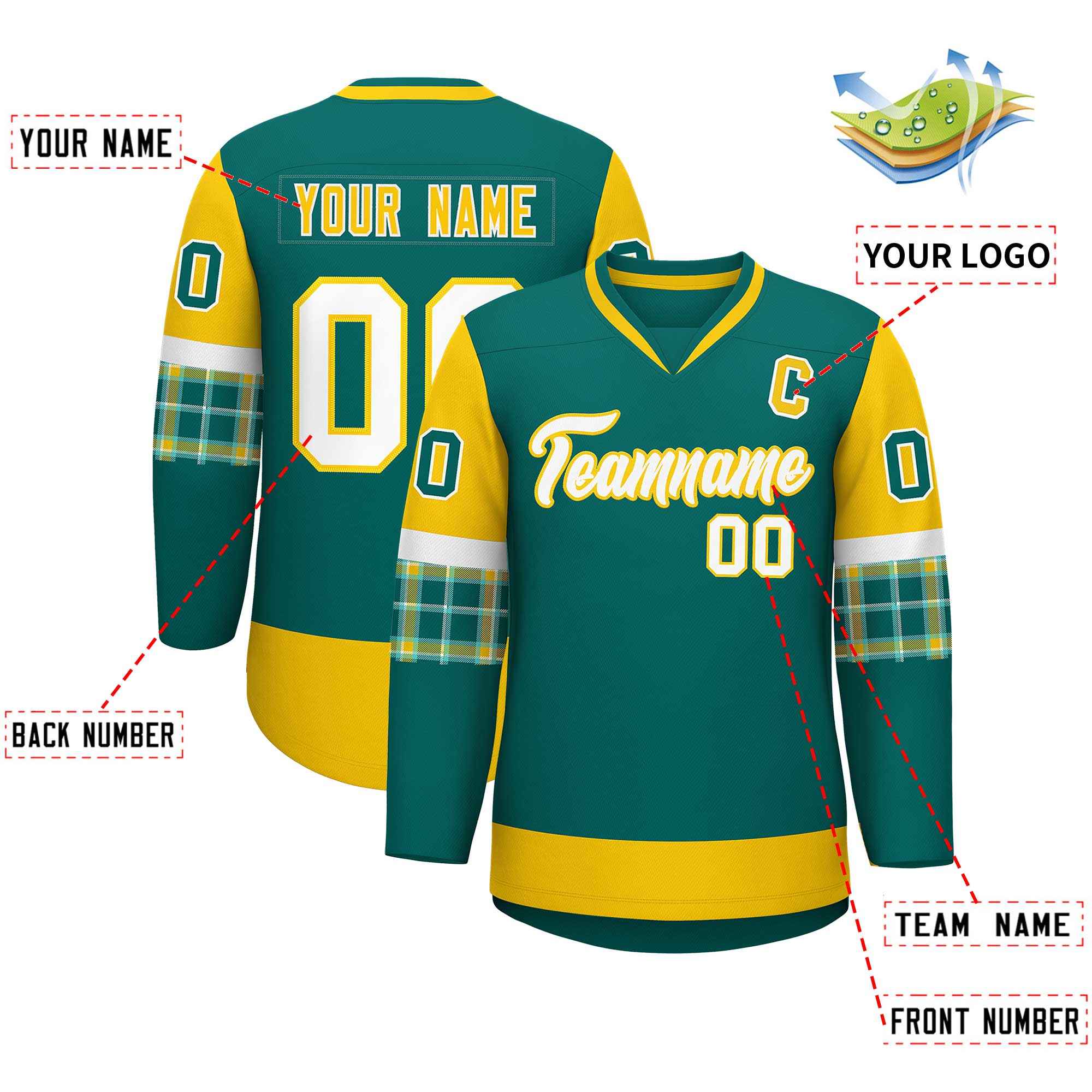 Custom Aqua Gold-White Personalized Raglan Sleeves V-Neck Hockey Jersey