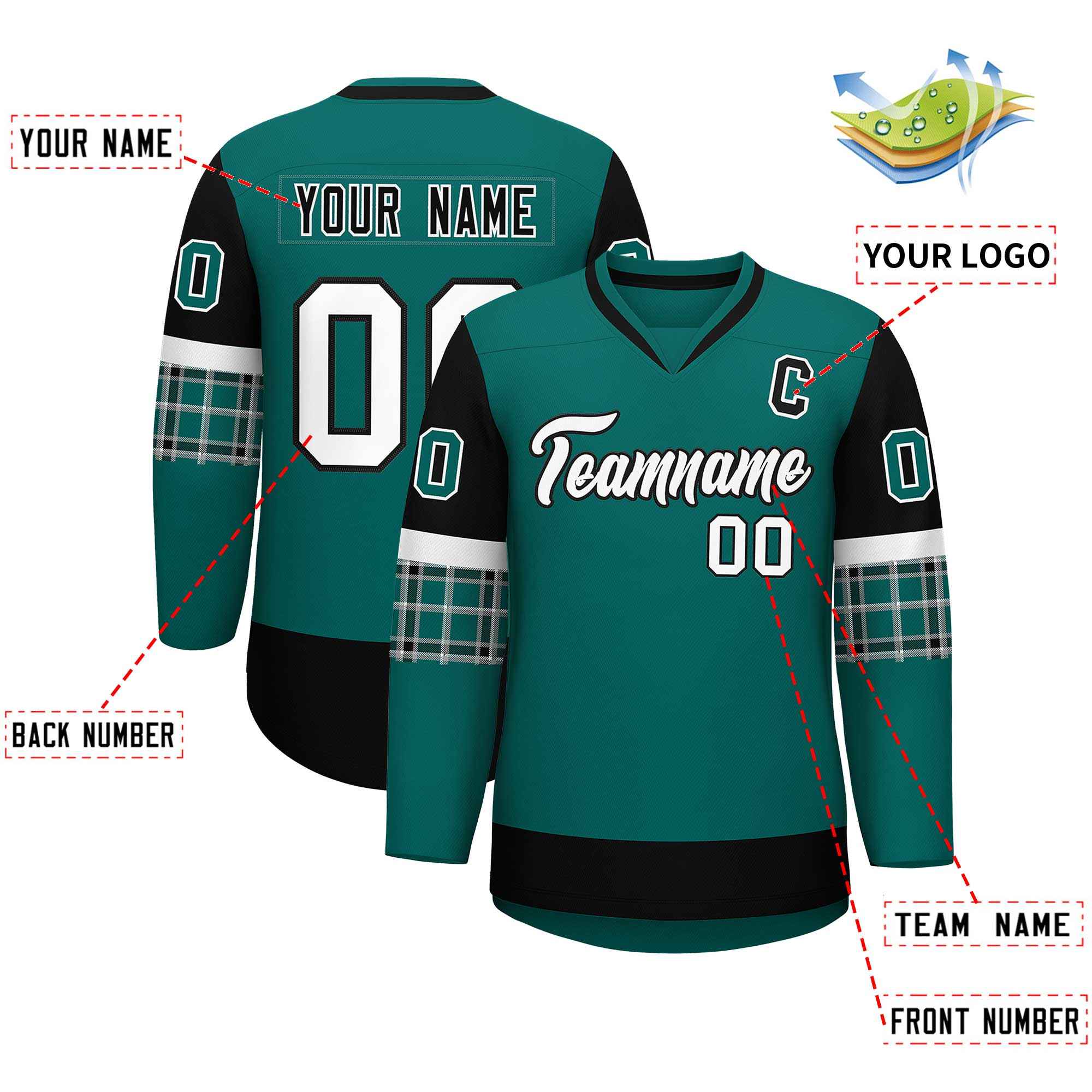 Custom Aqua Black-White Personalized Raglan Sleeves V-Neck Hockey Jersey