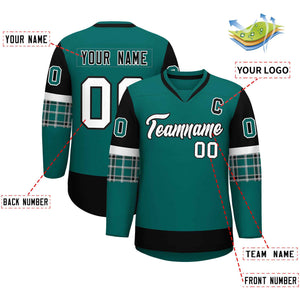 Custom Aqua Black-White Personalized Raglan Sleeves V-Neck Hockey Jersey