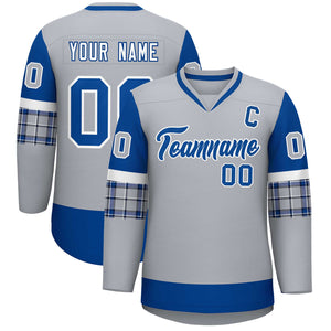 Custom Gray Royal-Royal Personalized Raglan Sleeves V-Neck Hockey Jersey