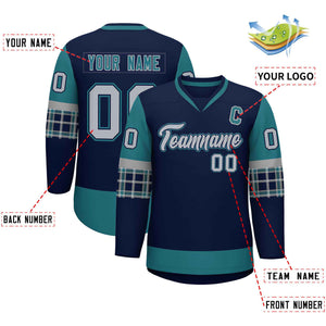 Custom Navy Aqua-Gray Personalized Raglan Sleeves V-Neck Hockey Jersey