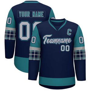 Custom Navy Aqua-Gray Personalized Raglan Sleeves V-Neck Hockey Jersey