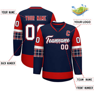 Custom Navy Red-White Personalized Raglan Sleeves V-Neck Hockey Jersey