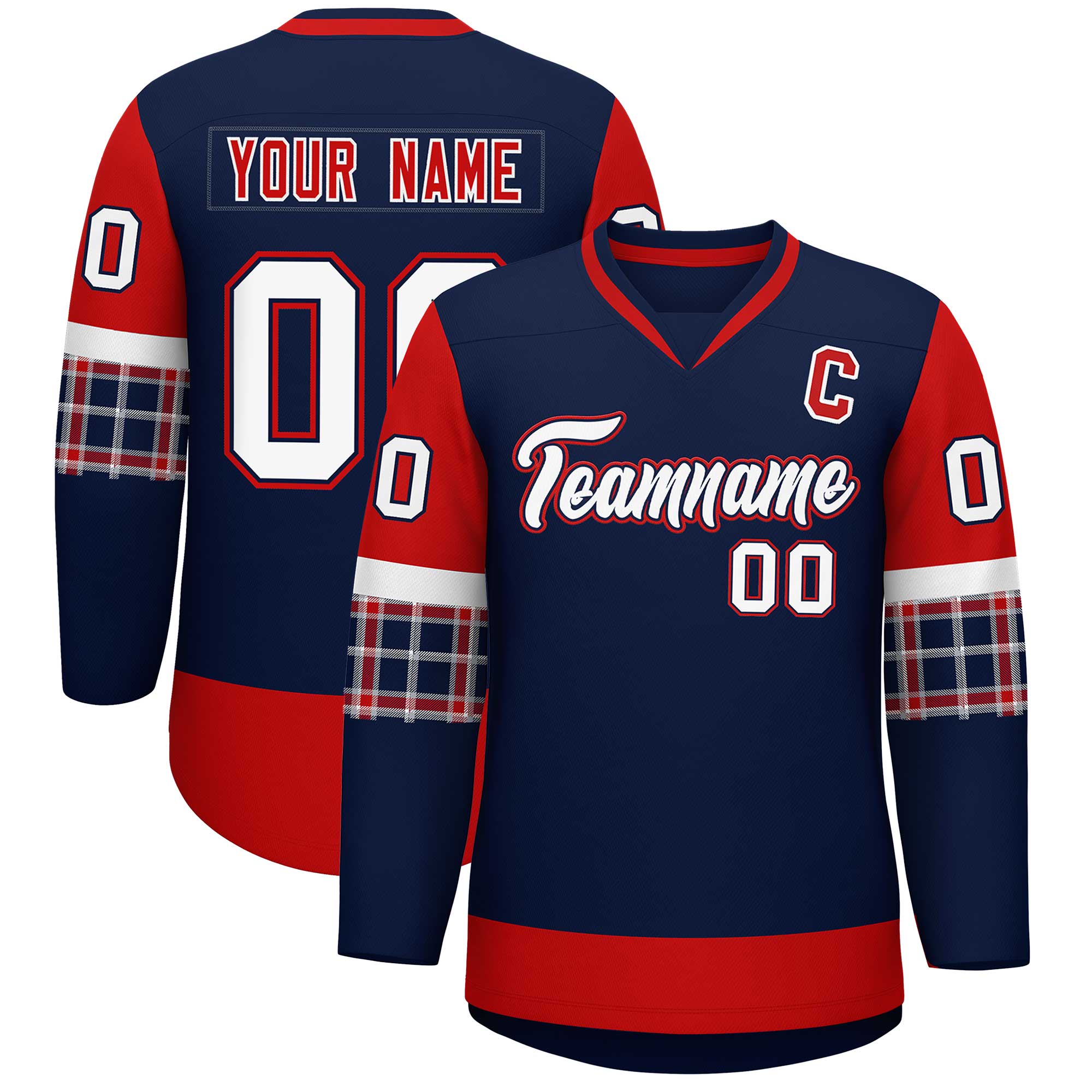 Custom Navy Red-White Personalized Raglan Sleeves V-Neck Hockey Jersey