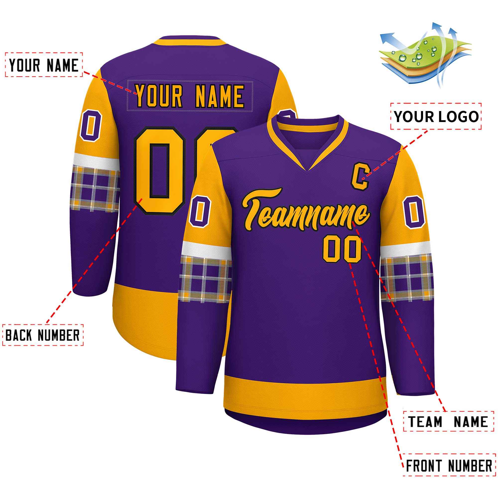 Custom Purple Yellow-Yellow Personalized Raglan Sleeves V-Neck Hockey Jersey