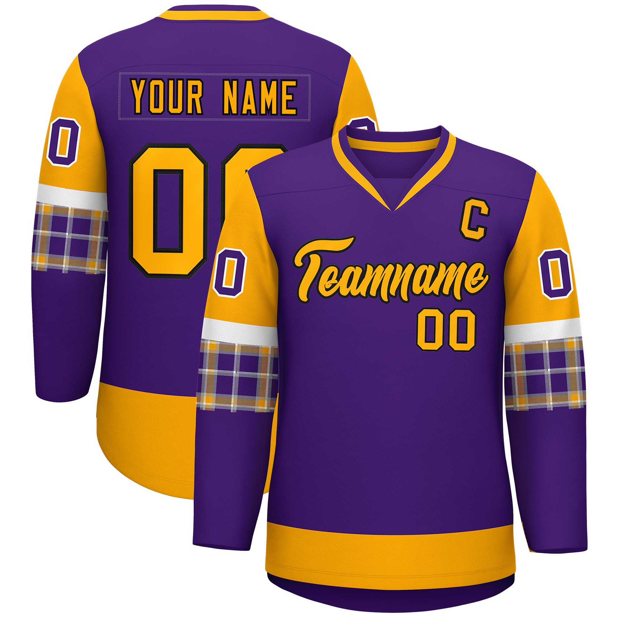 Custom Purple Yellow-Yellow Personalized Raglan Sleeves V-Neck Hockey Jersey