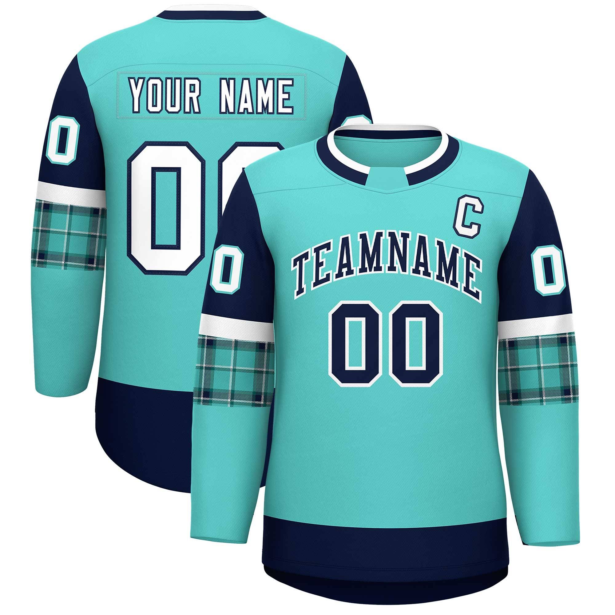 Custom Bright Green Navy Personalized Raglan Sleeves Round-Neck Hockey Jersey