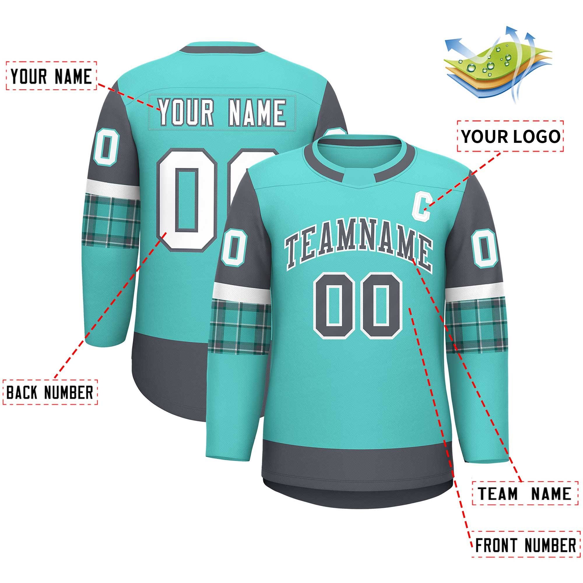 Custom Bright Green Dark Gray Personalized Raglan Sleeves Round-Neck Hockey Jersey