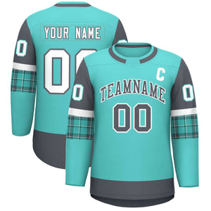 Custom Bright Green Dark Gray Personalized Raglan Sleeves Round-Neck Hockey Jersey