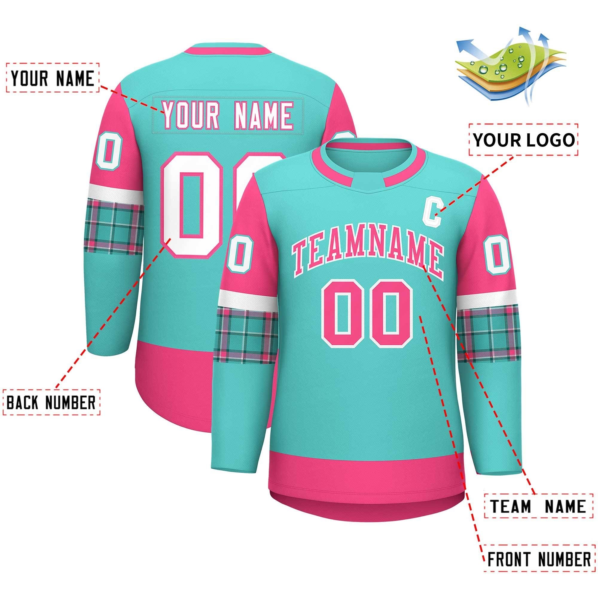 Custom Bright Green Pink Personalized Raglan Sleeves Round-Neck Hockey Jersey