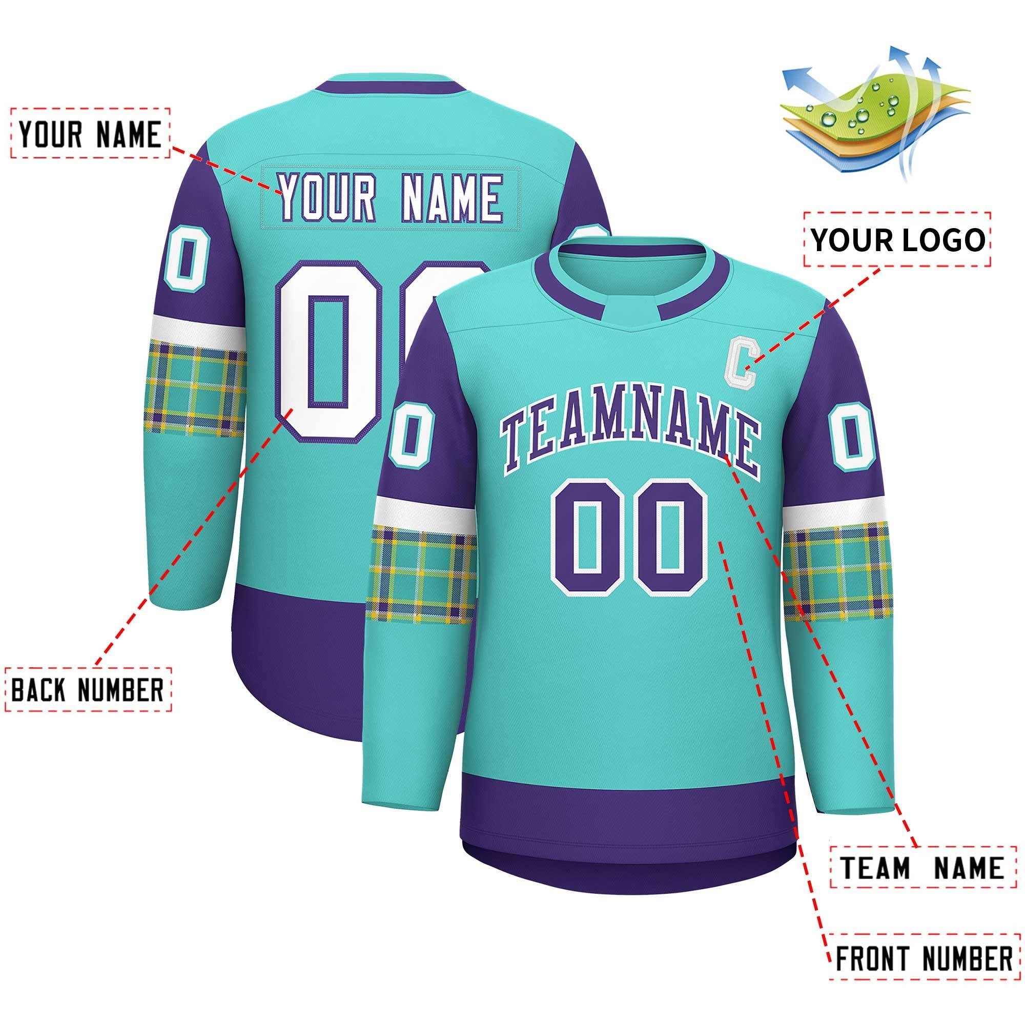 Custom Bright Green Purple Personalized Raglan Sleeves Round-Neck Hockey Jersey