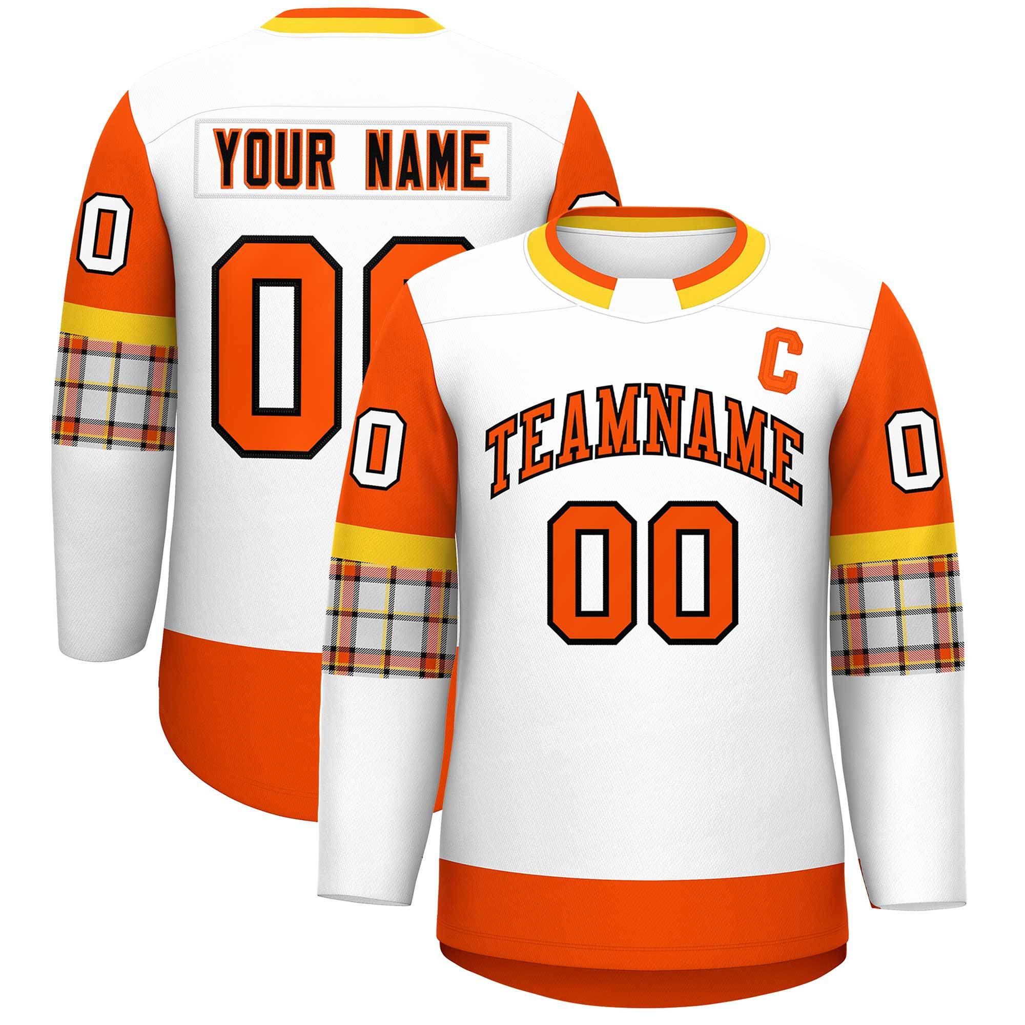 Custom White Orange Personalized Raglan Sleeves Round-Neck Hockey Jersey