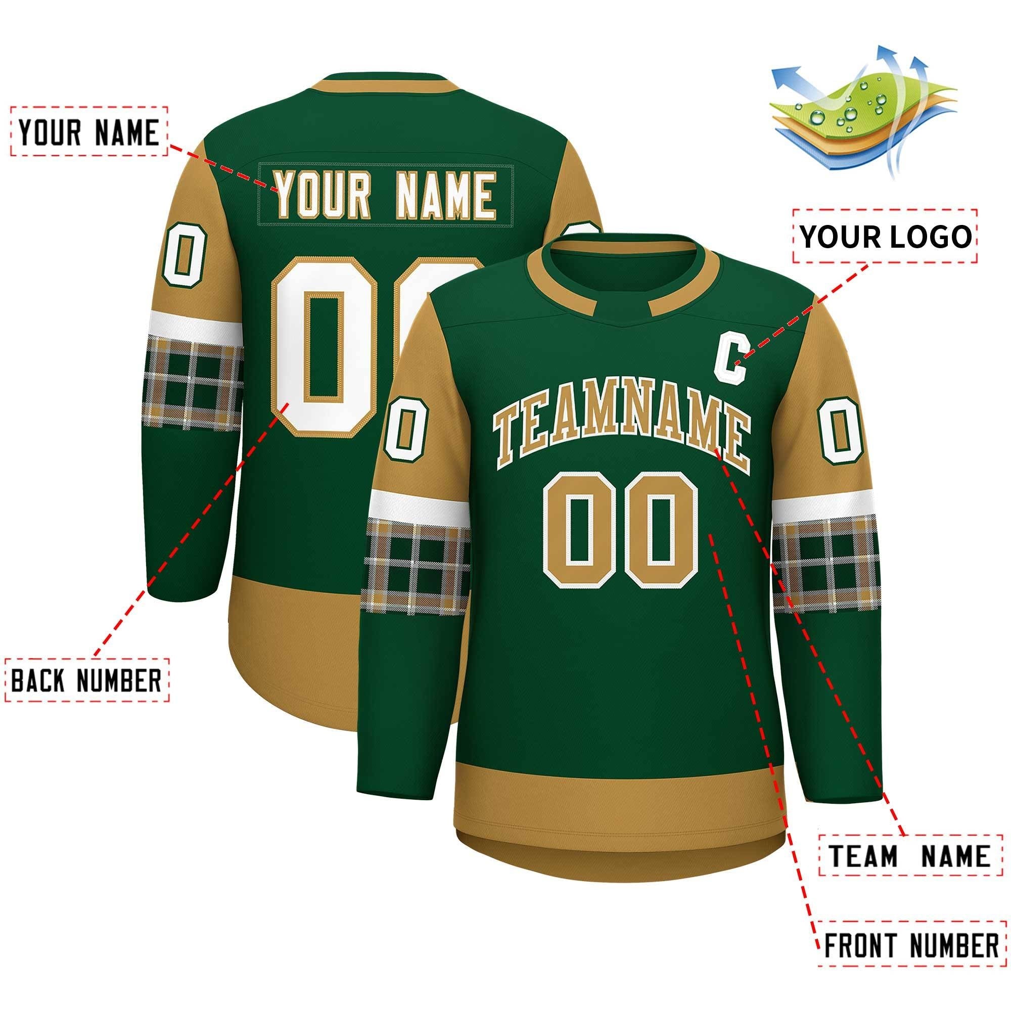 Custom Green Old Gold Personalized Raglan Sleeves Round-Neck Hockey Jersey