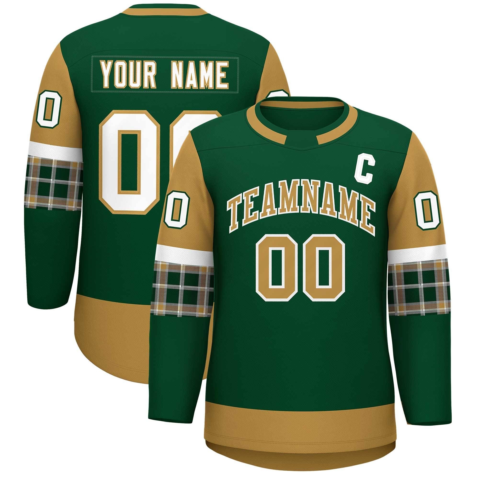 Custom Green Old Gold Personalized Raglan Sleeves Round-Neck Hockey Jersey