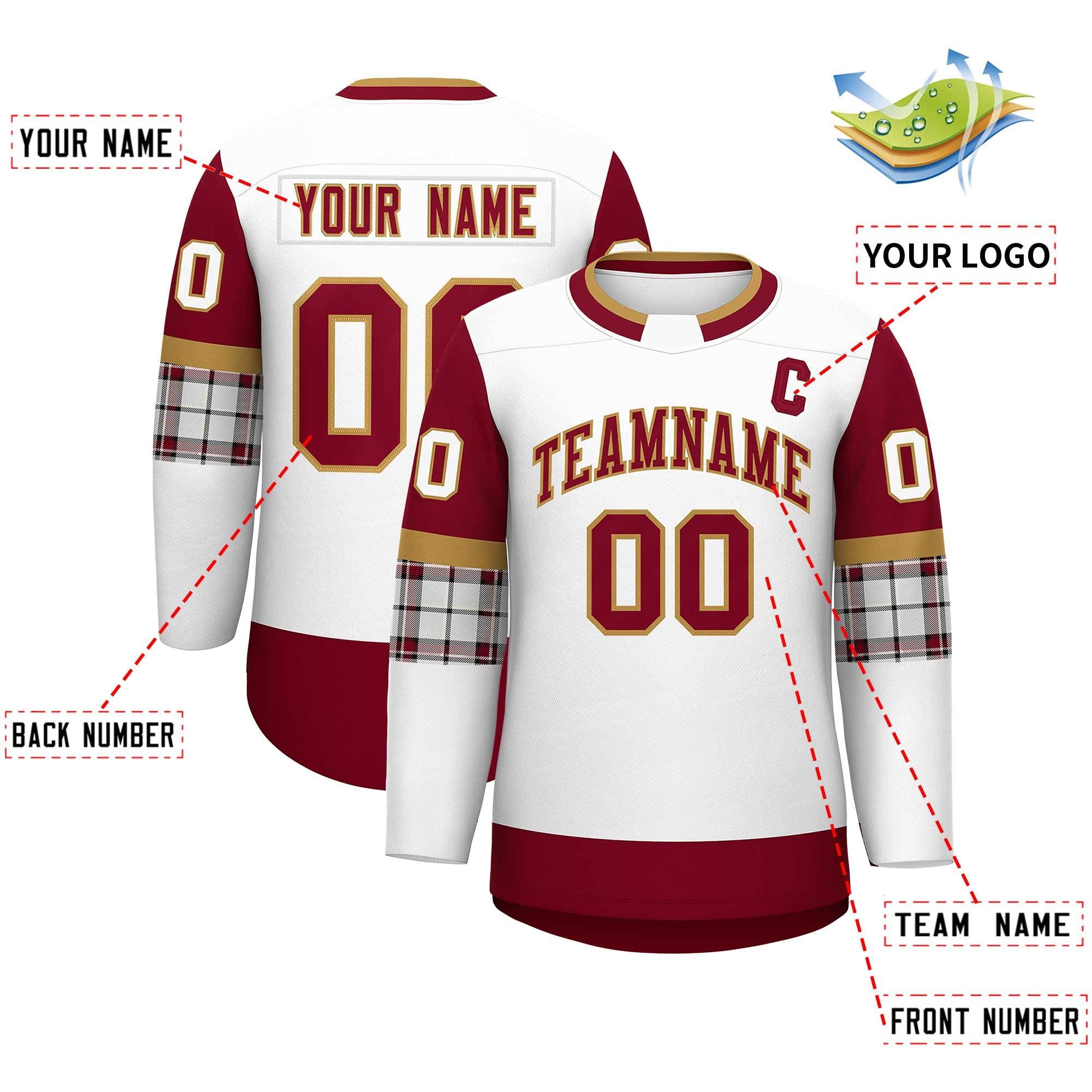 Custom White Crimson Personalized Raglan Sleeves Round-Neck Hockey Jersey