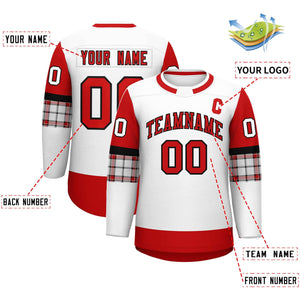 Custom White Red Personalized Raglan Sleeves Round-Neck Hockey Jersey