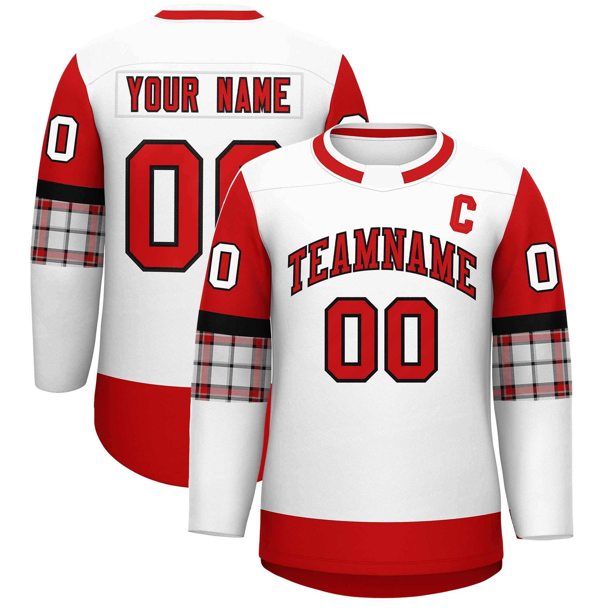 Custom White Red Personalized Raglan Sleeves Round-Neck Hockey Jersey