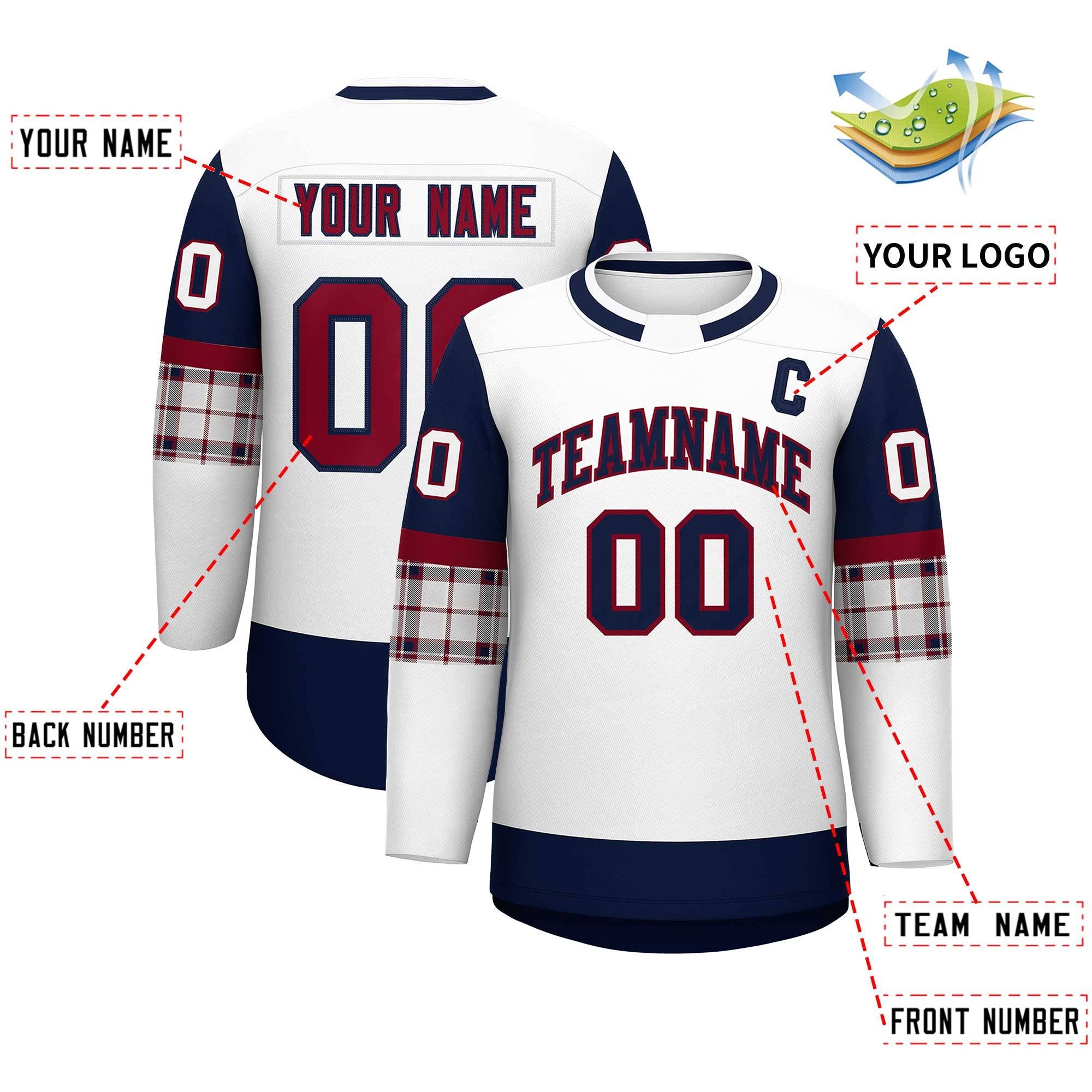 Custom White Navy Personalized Raglan Sleeves Round-Neck Hockey Jersey