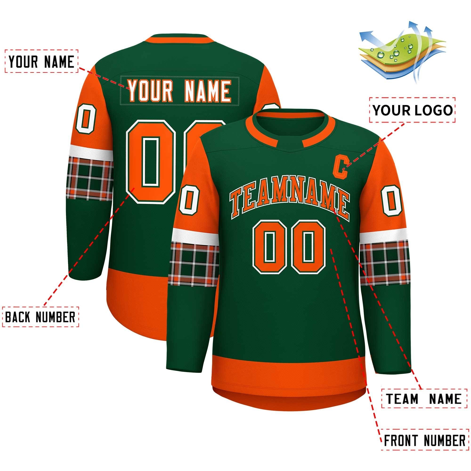 Custom Green Orange Personalized Raglan Sleeves Round-Neck Hockey Jersey