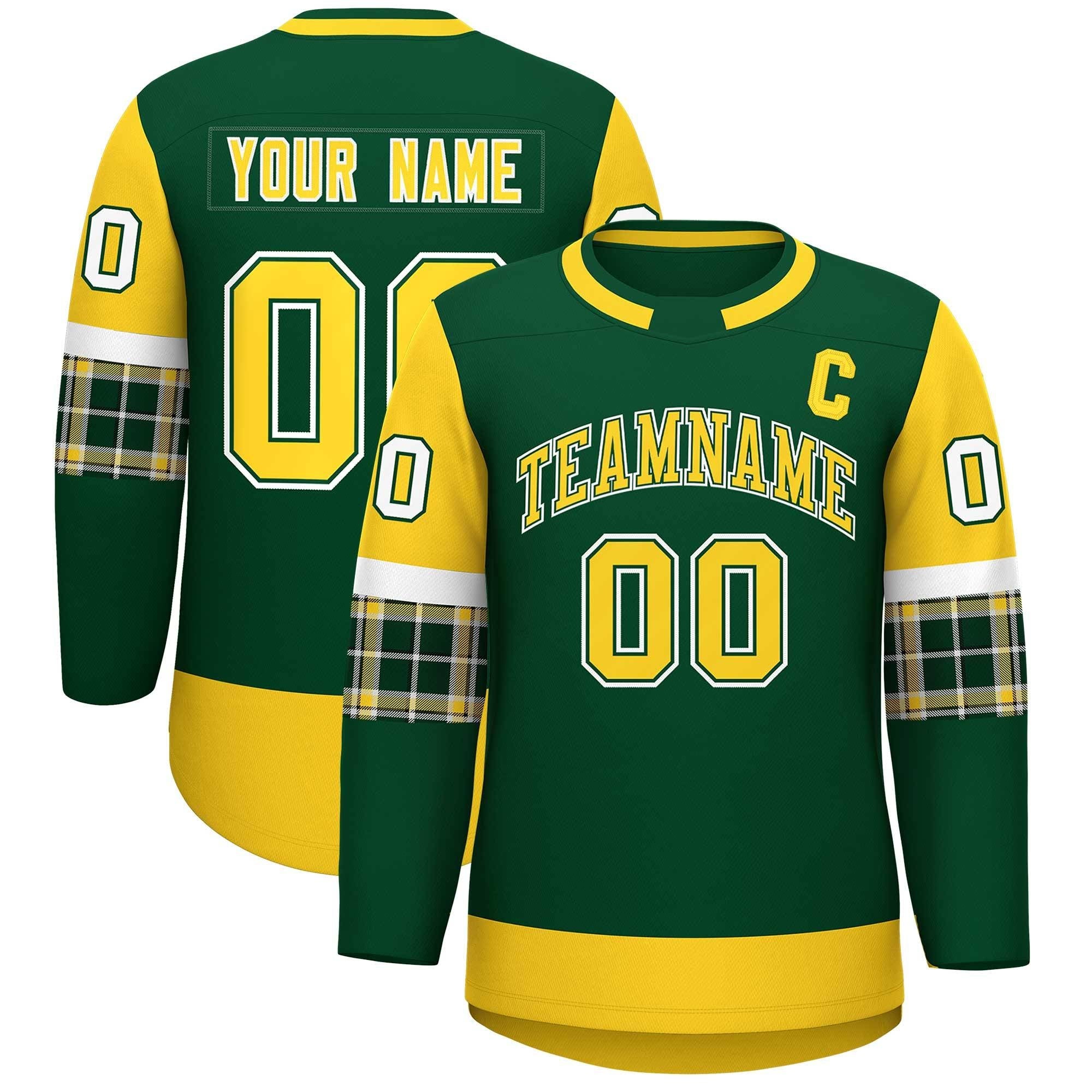 Custom Green Gold Personalized Raglan Sleeves Round-Neck Hockey Jersey