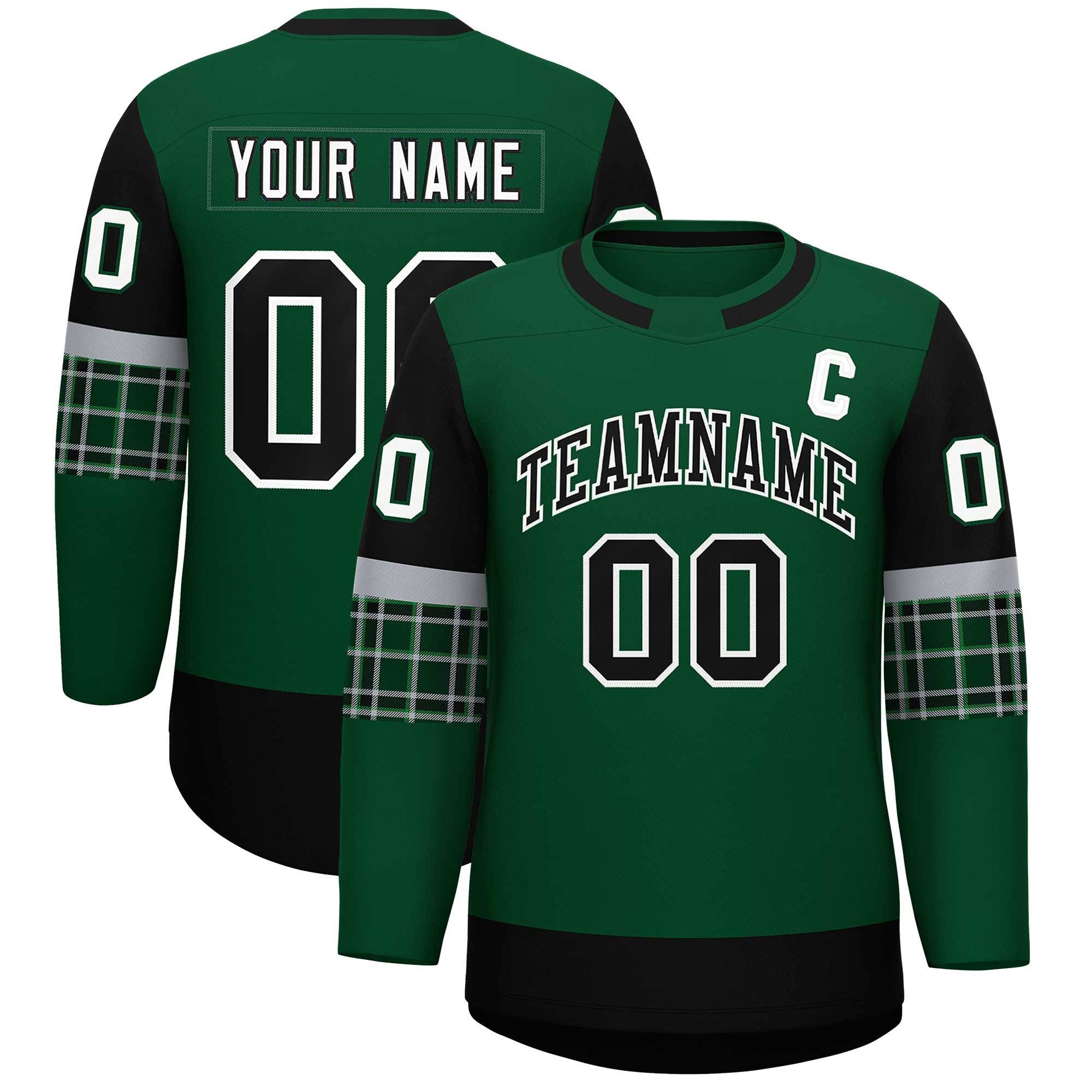 Custom Green Black Personalized Raglan Sleeves Round-Neck Hockey Jersey