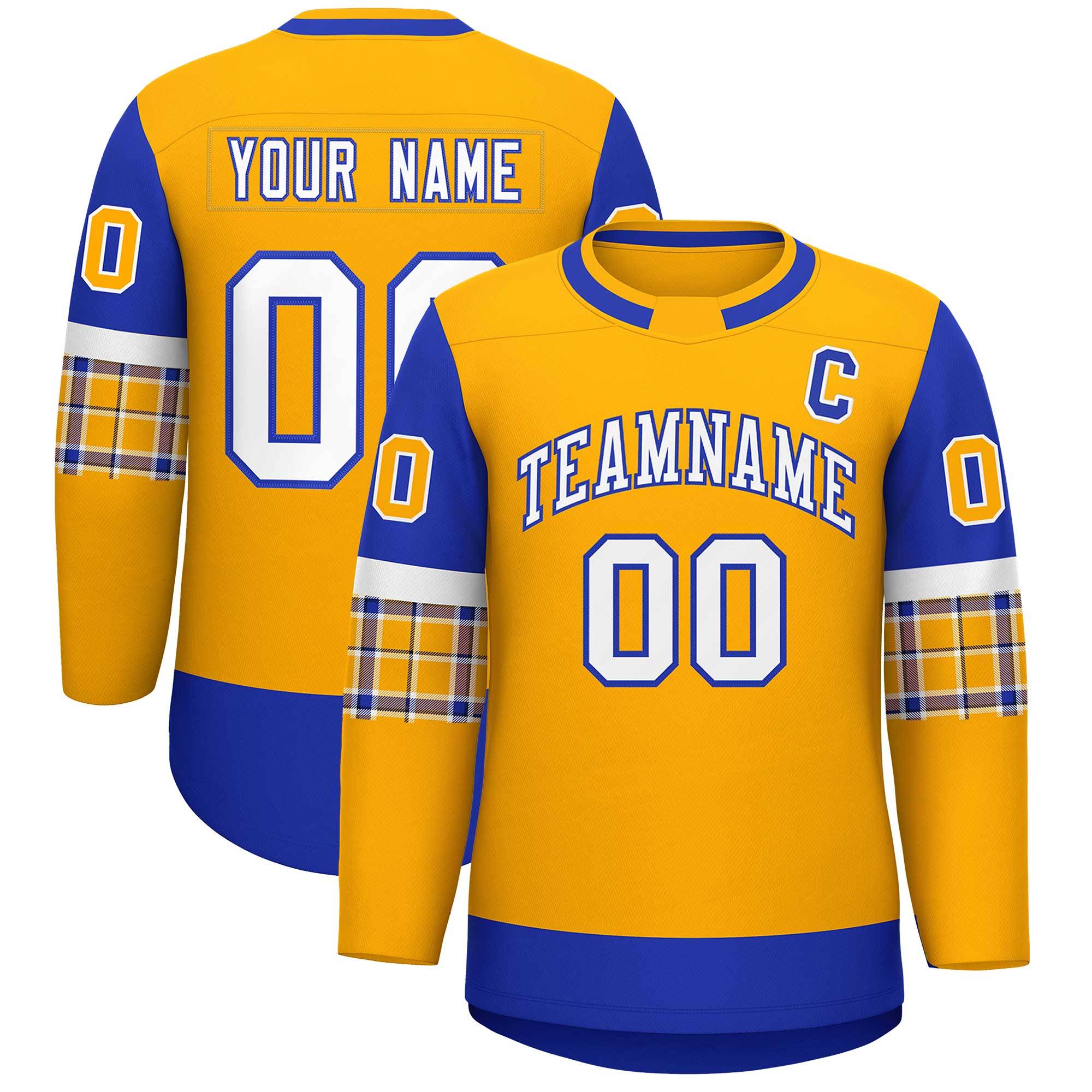 Custom Yellow Royal Personalized Raglan Sleeves Round-Neck Hockey Jersey