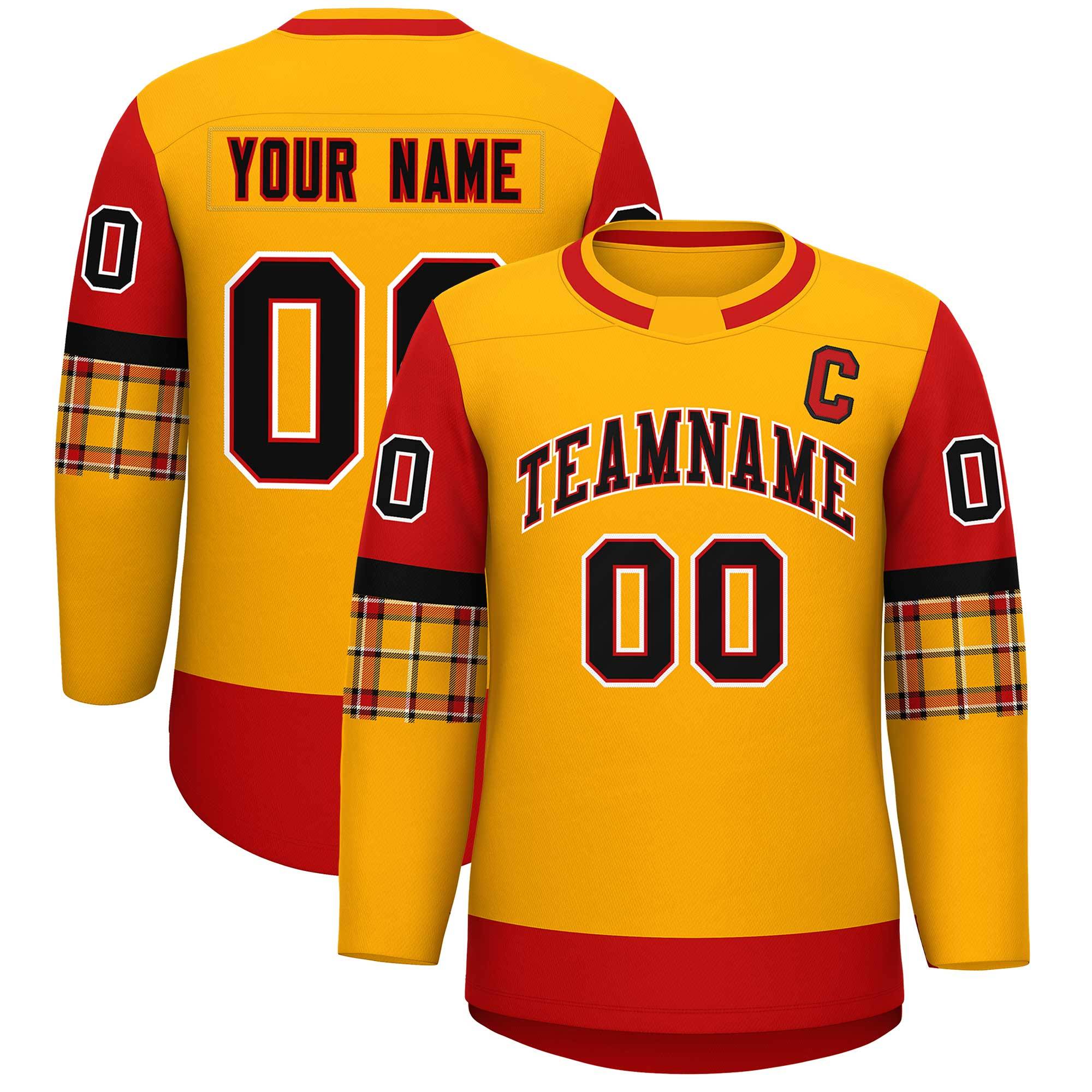 Custom Yellow Red Personalized Raglan Sleeves Round-Neck Hockey Jersey