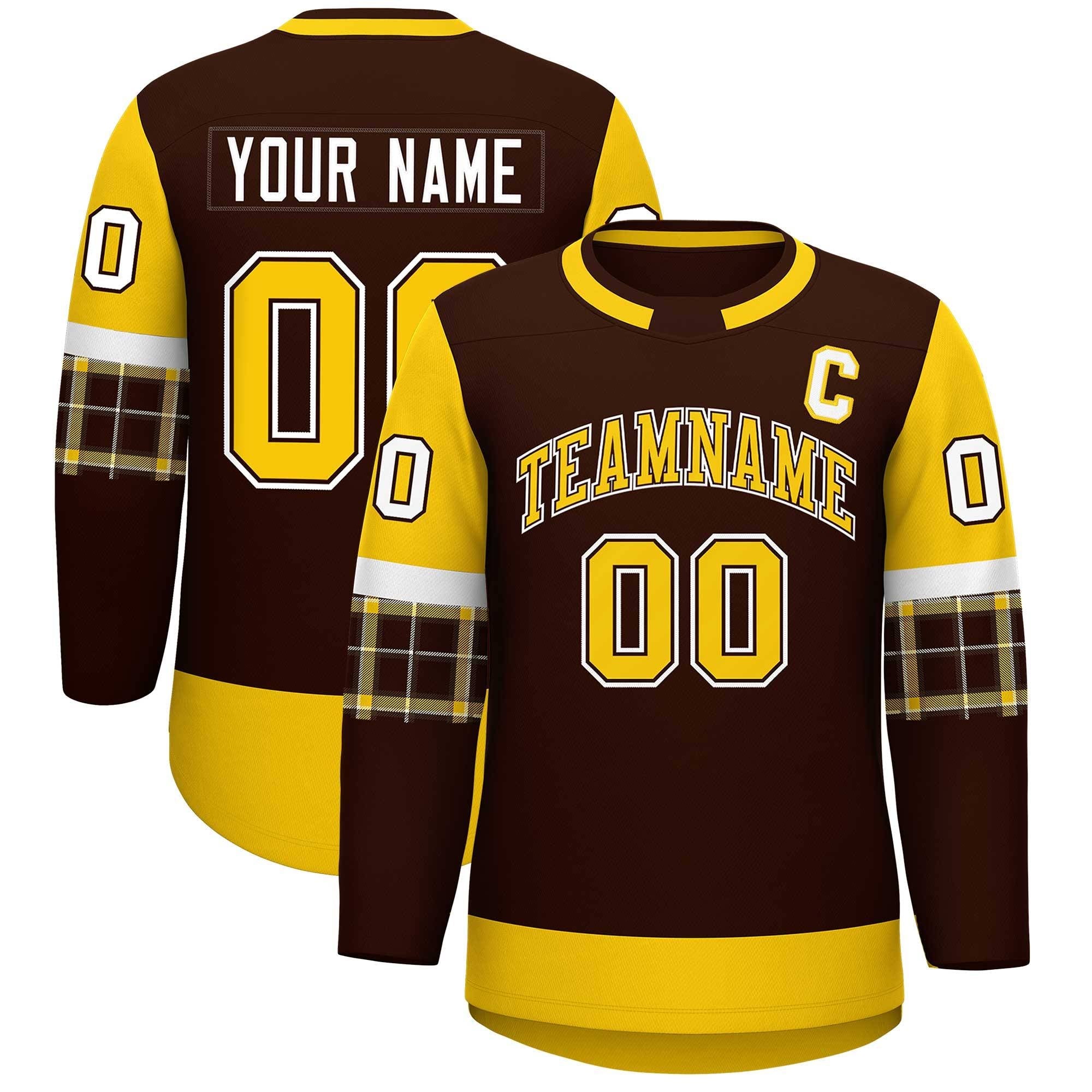 Custom Brown Gold Personalized Raglan Sleeves Round-Neck Hockey Jersey