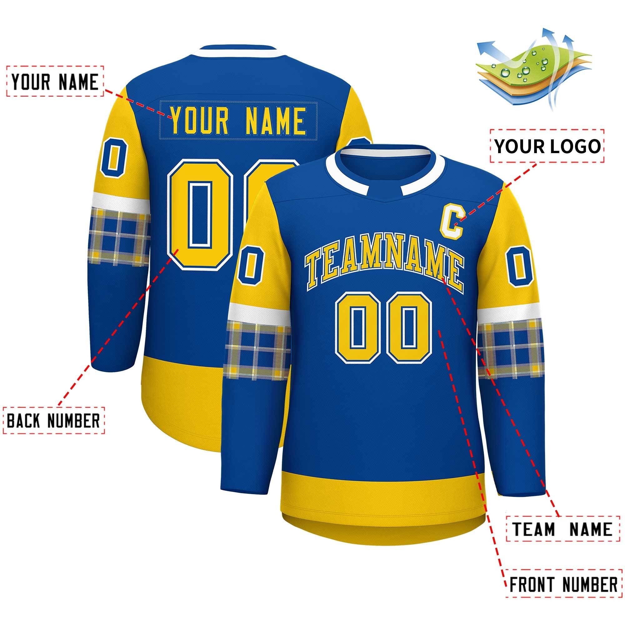 Custom Royal Gold Personalized Raglan Sleeves Round-Neck Hockey Jersey